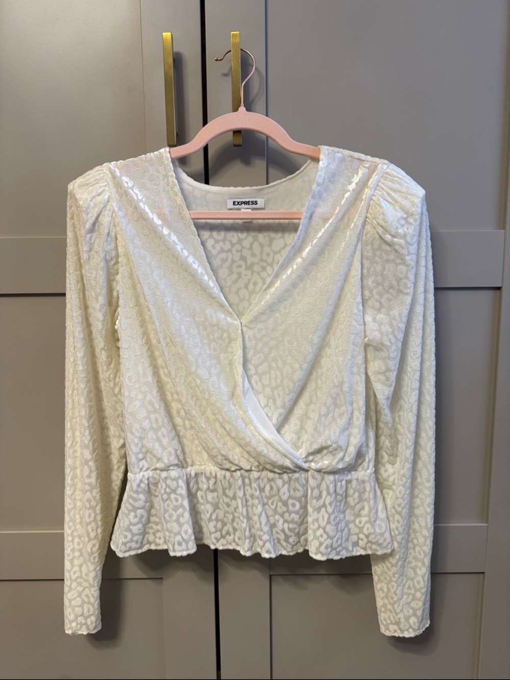 Express Cream Textured Wrap Peplum Long Sleeve Blouse